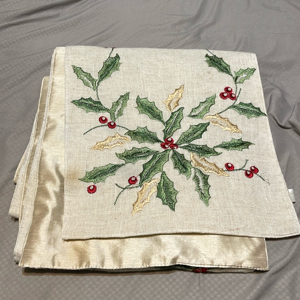 Embroidered Ridgefield Home table runner with Christmas holly design
